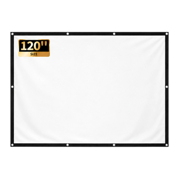 Écran de projection portable Zoomly 120 pouces, toile blanche 16:9 vierge avec bordure noire et œillets métalliques.