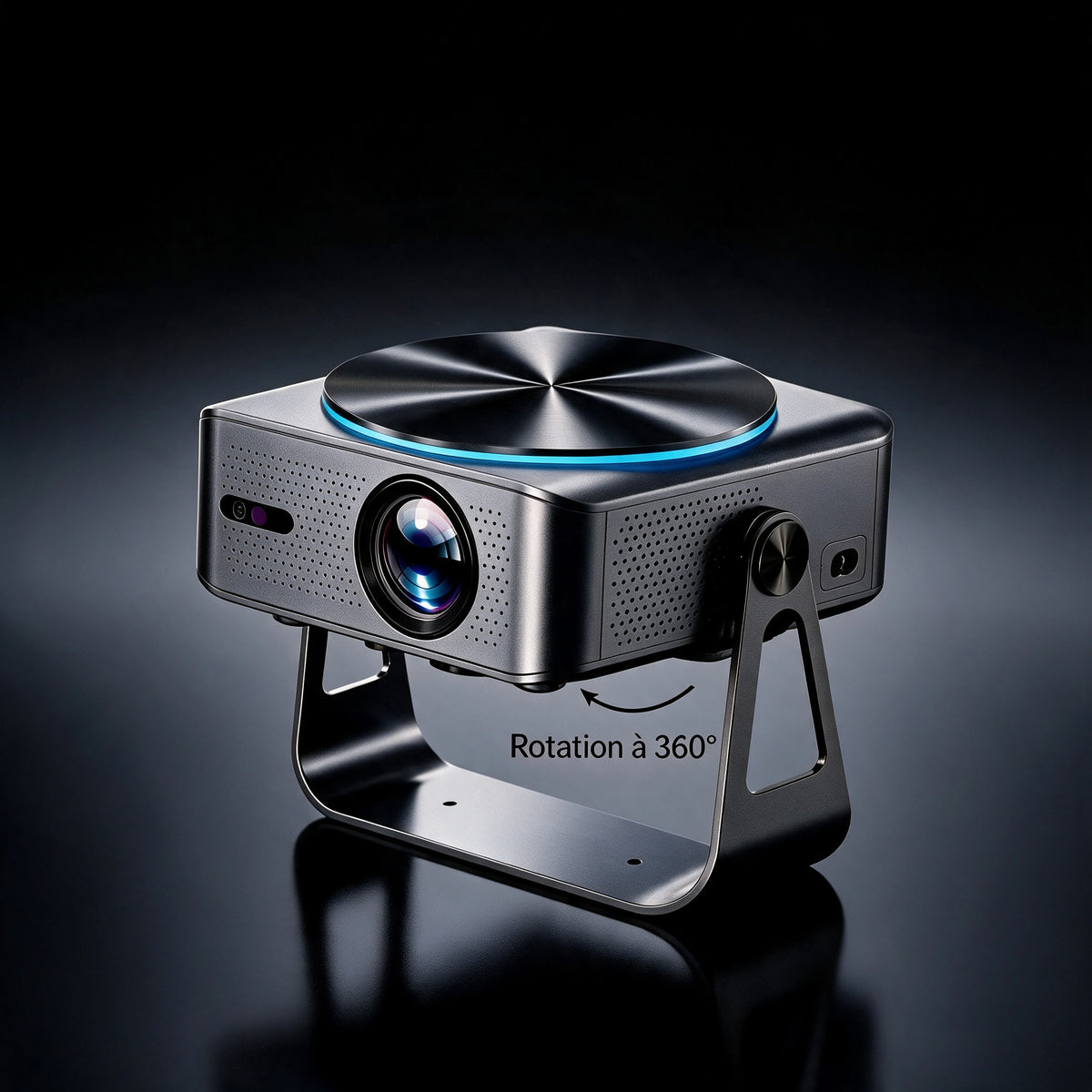 Vidéoprojecteur Zoomly Pro Elite incliné sur son support à rotation 360° pour projeter au plafond ou au mur