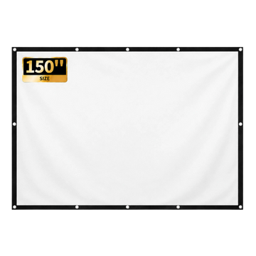 Écran de projection portable Zoomly 150 pouces, toile blanche 16:9 vierge avec bordure noire et œillets métalliques.