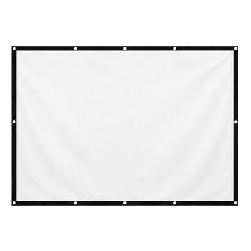 Écran de projection portable Zoomly, toile blanche 16:9 vierge avec bordure noire et œillets métalliques, usage intérieur ou extérieur.