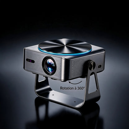 Vidéoprojecteur Zoomly Pro Elite incliné sur son support à rotation 360° pour projeter au plafond ou au mur